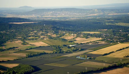Wide aerial view of a flat valley floor divided into cultivated fields